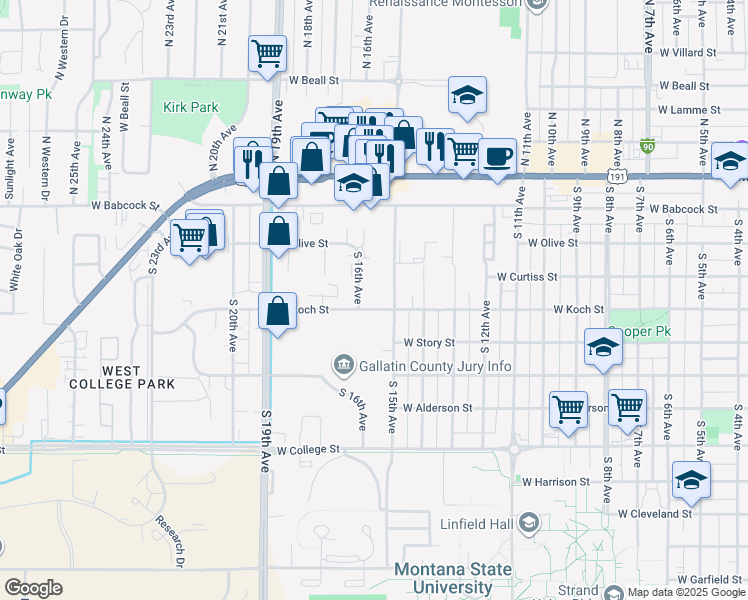 map of restaurants, bars, coffee shops, grocery stores, and more near 1522 West Koch Street in Bozeman