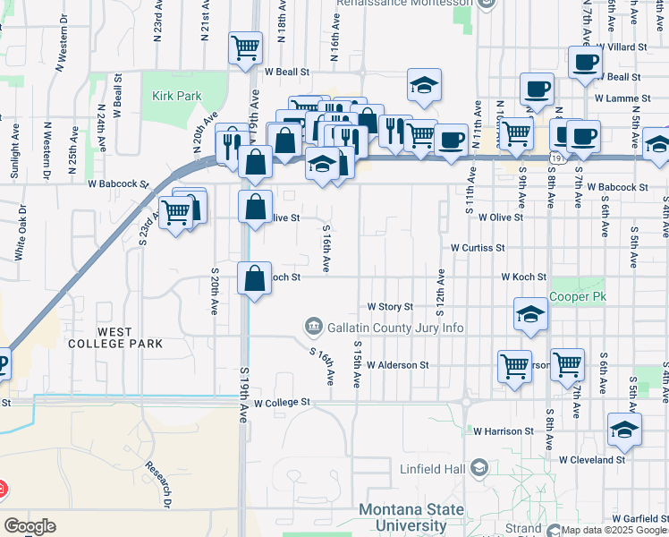 map of restaurants, bars, coffee shops, grocery stores, and more near 1522 West Koch Street in Bozeman