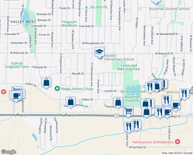 map of restaurants, bars, coffee shops, grocery stores, and more near 402 South Yellowstone Avenue in Bozeman