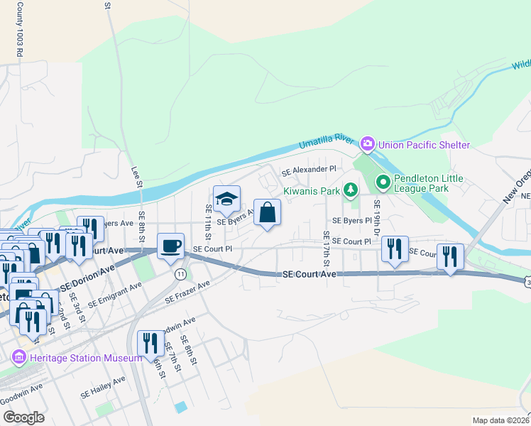 map of restaurants, bars, coffee shops, grocery stores, and more near 1307 Southeast Court Place in Pendleton