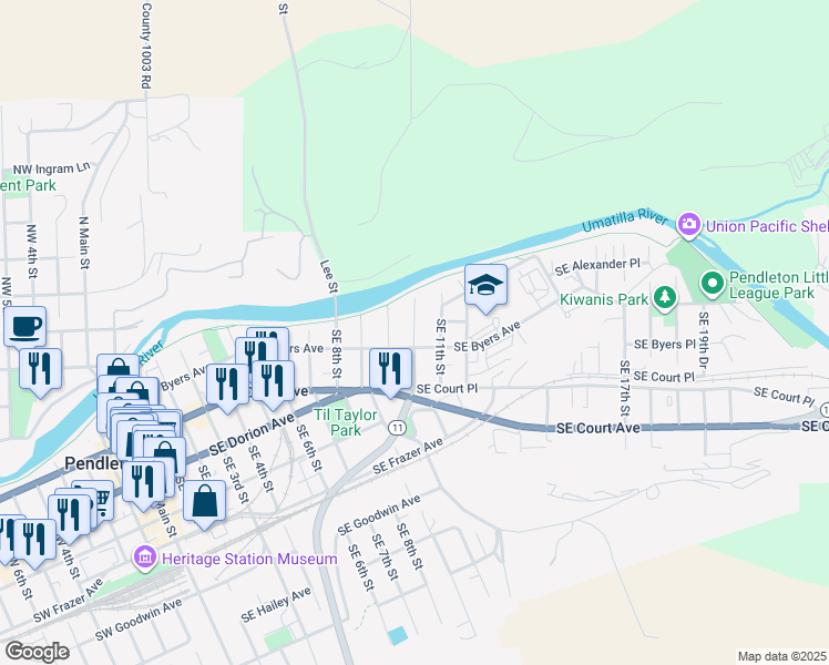 map of restaurants, bars, coffee shops, grocery stores, and more near 1012 Southeast Byers Avenue in Pendleton