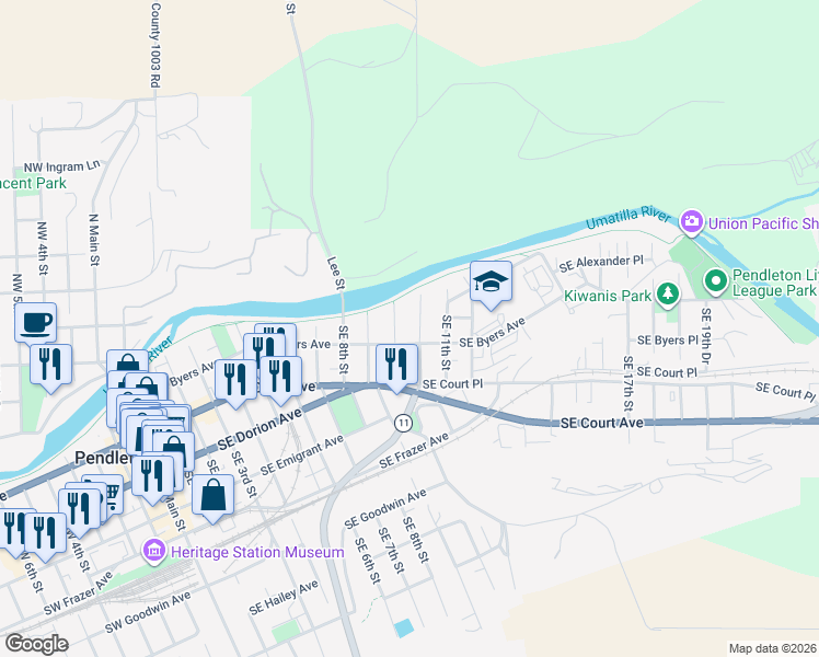 map of restaurants, bars, coffee shops, grocery stores, and more near 920 Southeast Byers Avenue in Pendleton