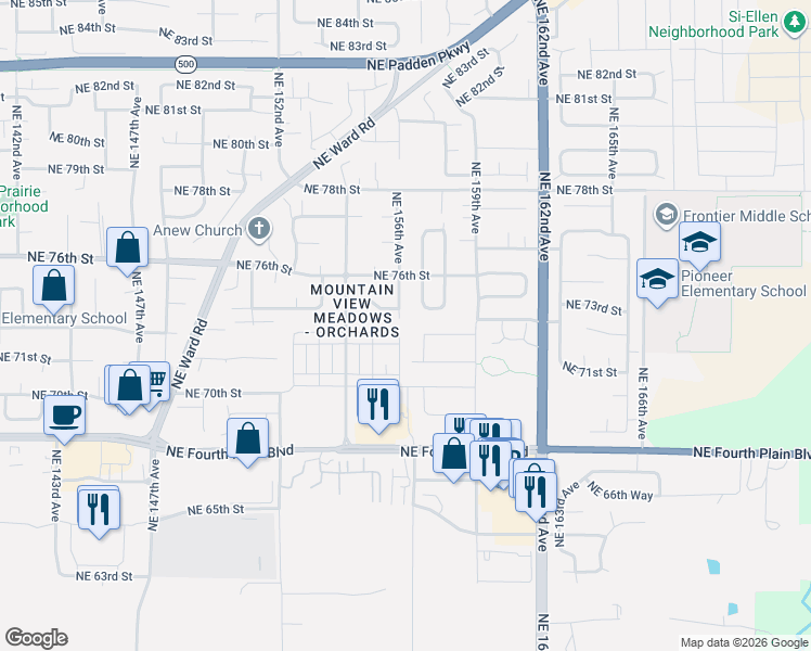 map of restaurants, bars, coffee shops, grocery stores, and more near 7106 Northeast 157th Avenue in Vancouver