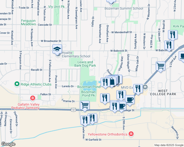 map of restaurants, bars, coffee shops, grocery stores, and more near 132 Pond Row in Bozeman