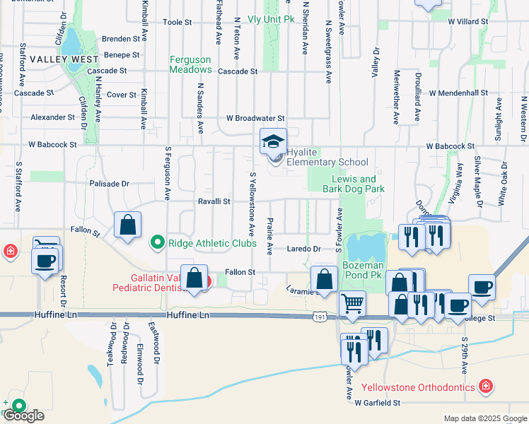 map of restaurants, bars, coffee shops, grocery stores, and more near 305 Prairie Avenue in Bozeman