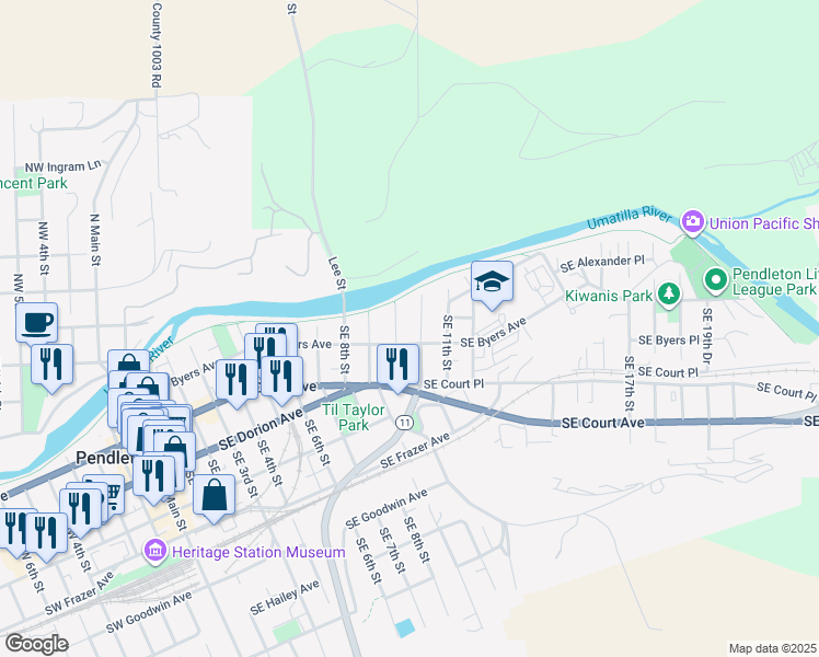 map of restaurants, bars, coffee shops, grocery stores, and more near 920 Southeast Byers Avenue in Pendleton