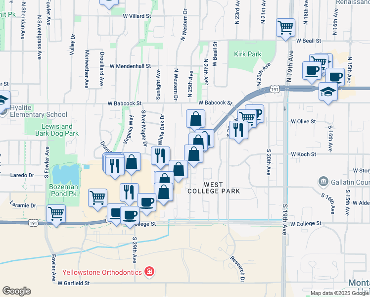 map of restaurants, bars, coffee shops, grocery stores, and more near 407 Yerger Drive in Bozeman