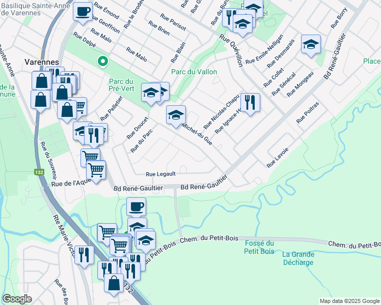 map of restaurants, bars, coffee shops, grocery stores, and more near 2094 Rue Charbonneau in Varennes