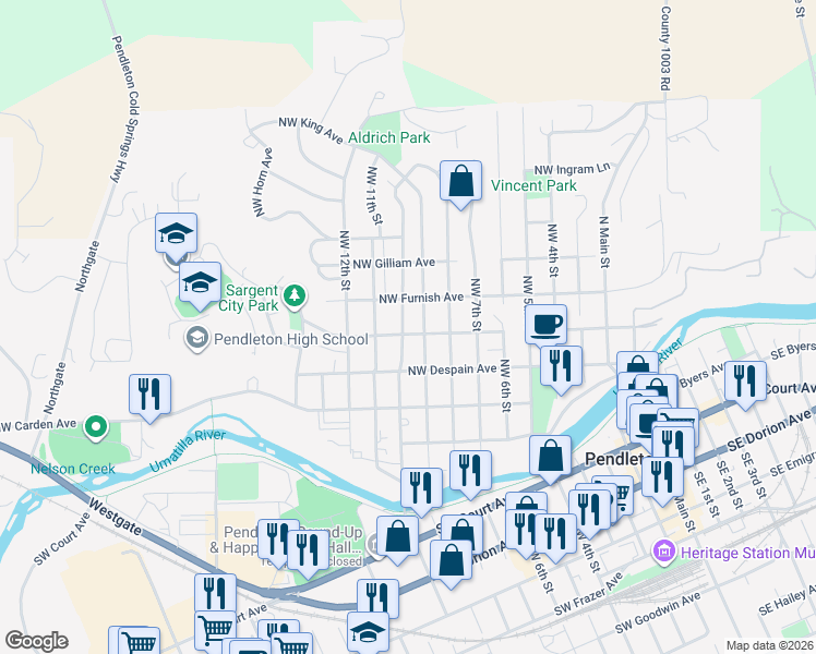map of restaurants, bars, coffee shops, grocery stores, and more near 312 Northwest 10th Street in Pendleton