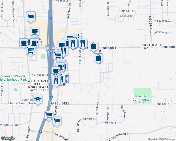 map of restaurants, bars, coffee shops, grocery stores, and more near 7210 Northeast 14th Court in Vancouver