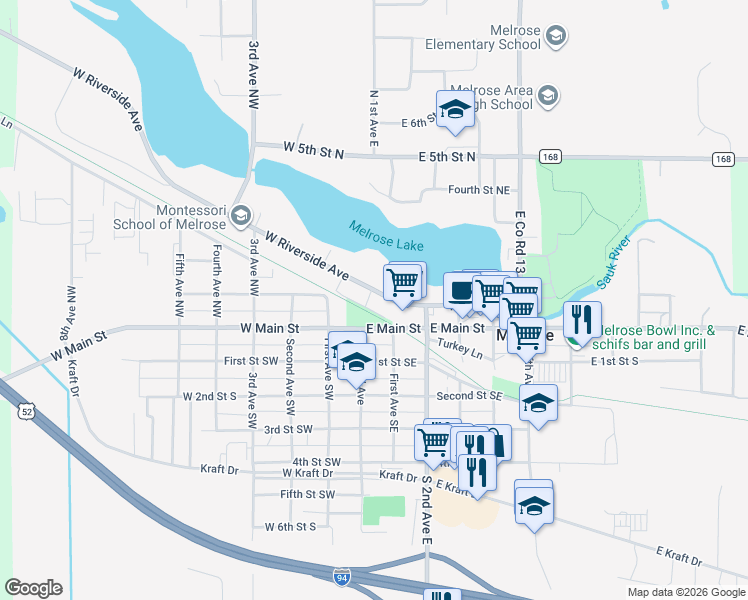 map of restaurants, bars, coffee shops, grocery stores, and more near 116 East Main Street in Melrose