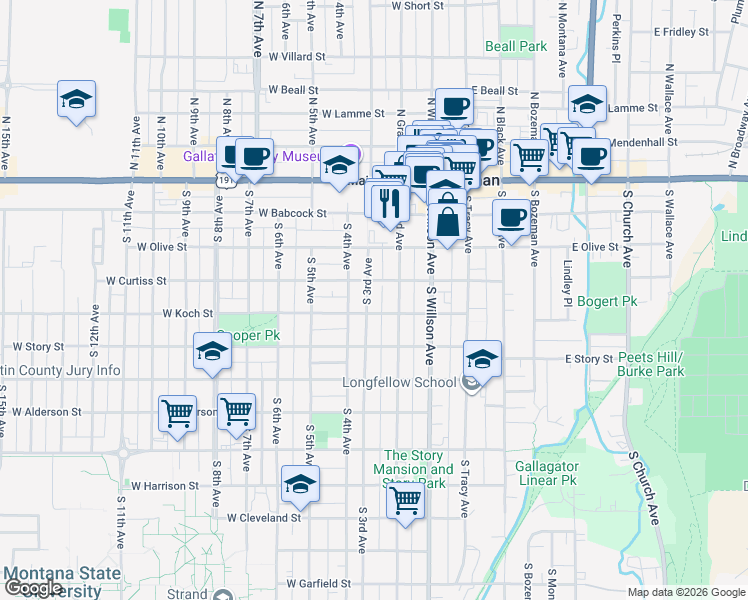 map of restaurants, bars, coffee shops, grocery stores, and more near 409 South Grand Avenue in Bozeman