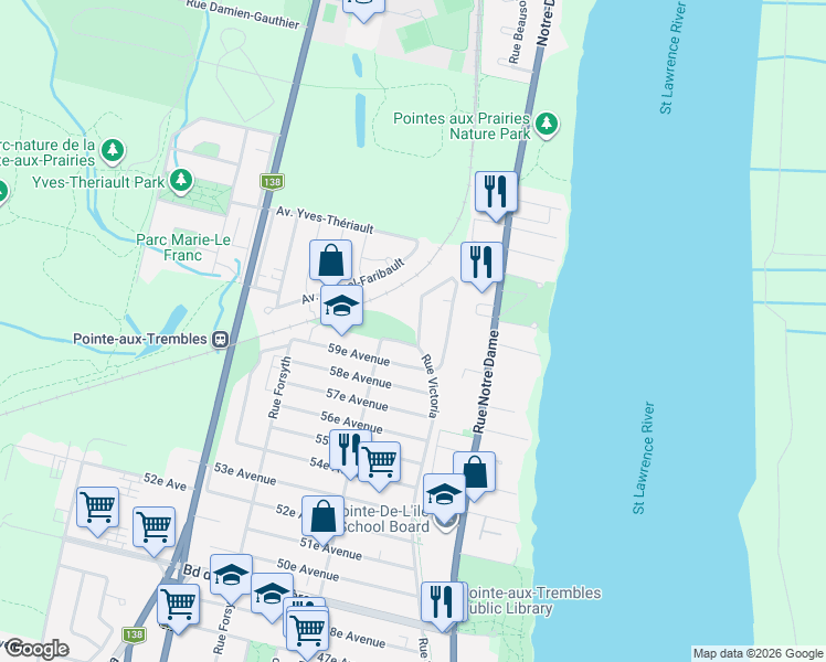 map of restaurants, bars, coffee shops, grocery stores, and more near 14632 Rue Bernard-Geoffrion in Montrã©Al