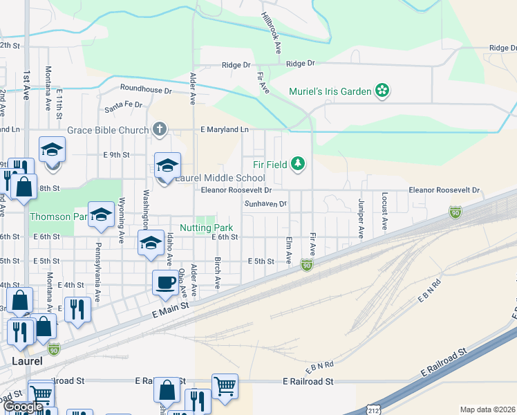 map of restaurants, bars, coffee shops, grocery stores, and more near 1012 Sunhaven Drive in Laurel