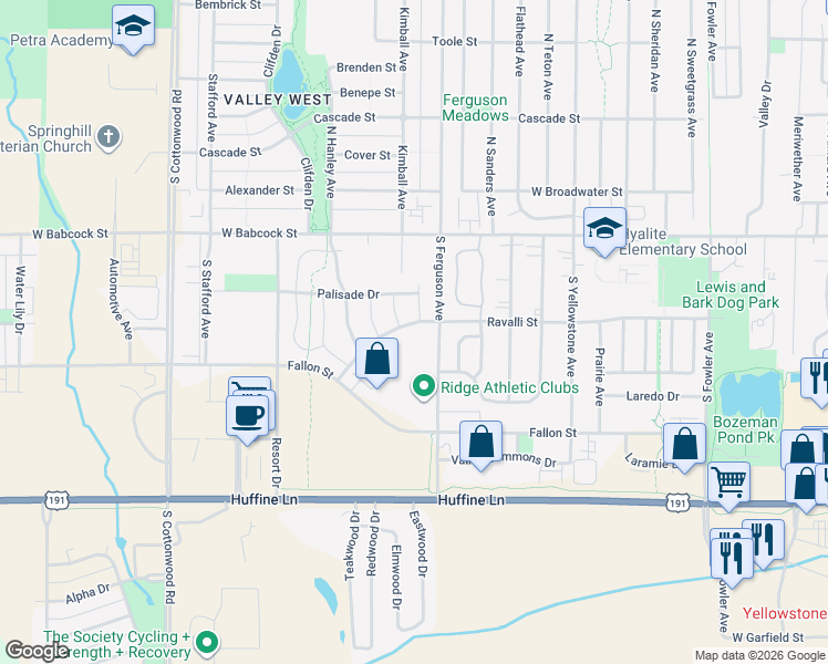 map of restaurants, bars, coffee shops, grocery stores, and more near 272 Mill Creek Drive in Bozeman