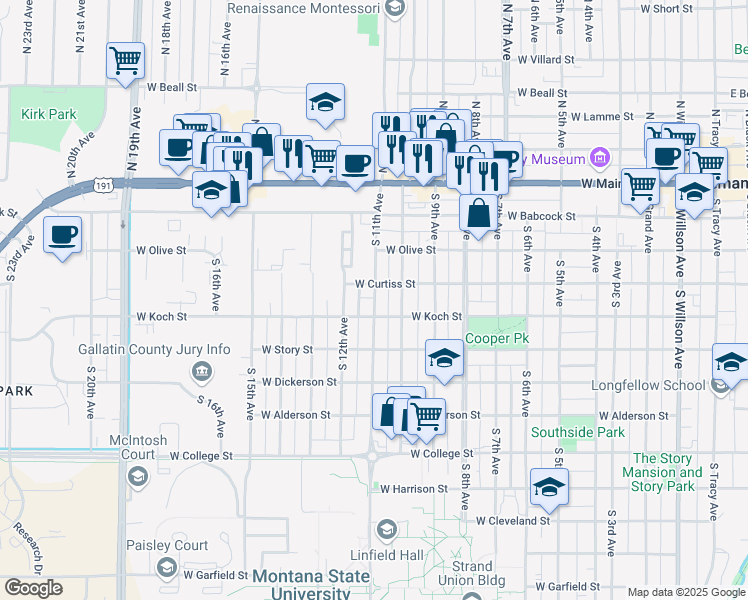 map of restaurants, bars, coffee shops, grocery stores, and more near 1115 West Curtiss Street in Bozeman