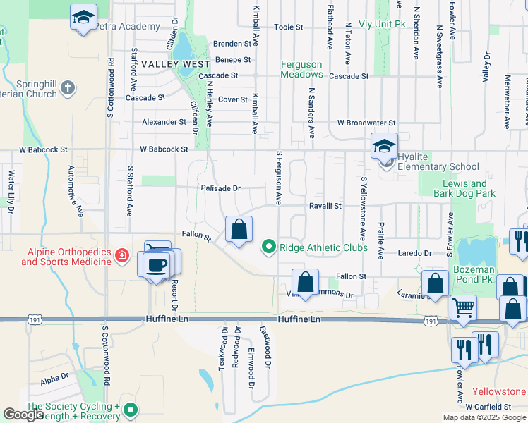 map of restaurants, bars, coffee shops, grocery stores, and more near 272 Mill Creek Drive in Bozeman