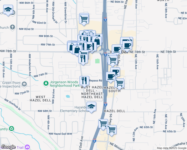 map of restaurants, bars, coffee shops, grocery stores, and more near 7601 Northeast 5th Avenue in Vancouver