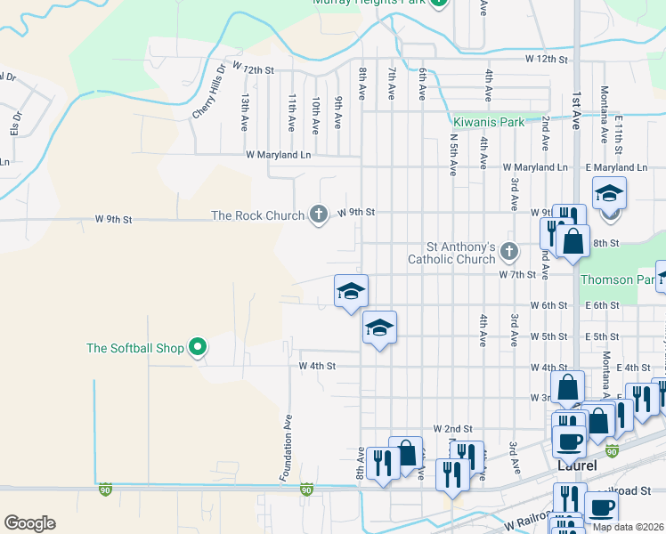 map of restaurants, bars, coffee shops, grocery stores, and more near 712 8th Avenue in Laurel