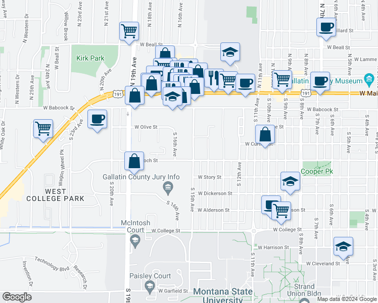 map of restaurants, bars, coffee shops, grocery stores, and more near 311 South 15th Avenue in Bozeman