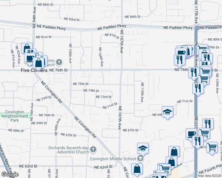 map of restaurants, bars, coffee shops, grocery stores, and more near 7504 Northeast 105th Court in Vancouver