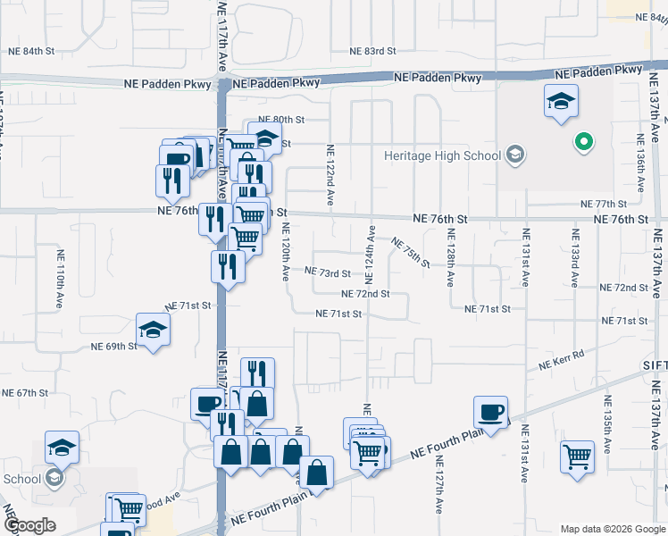 map of restaurants, bars, coffee shops, grocery stores, and more near 12208 Northeast 74th Street in Vancouver