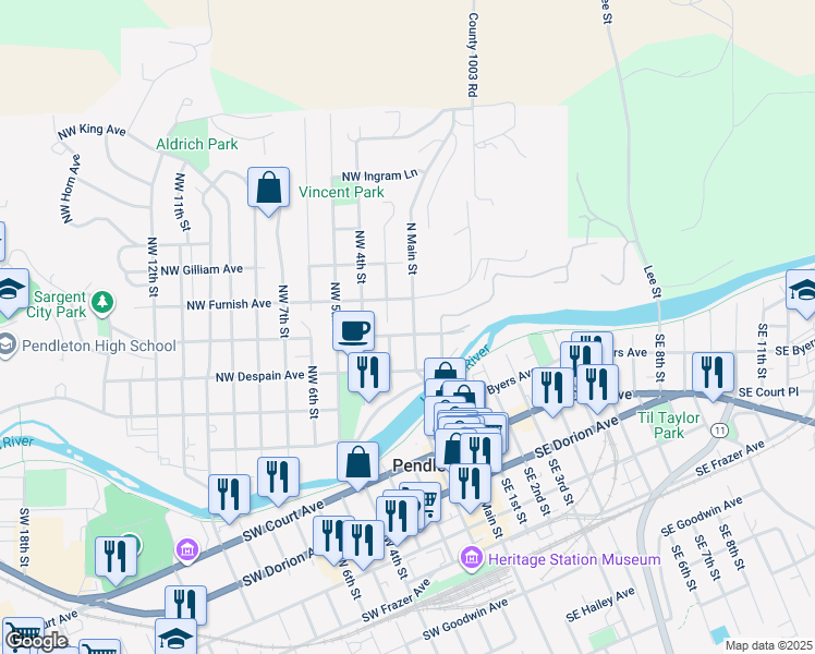 map of restaurants, bars, coffee shops, grocery stores, and more near 421 North Main Street in Pendleton