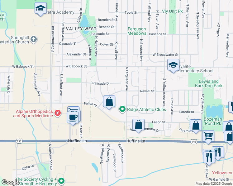map of restaurants, bars, coffee shops, grocery stores, and more near Mill Creek Drive in Bozeman