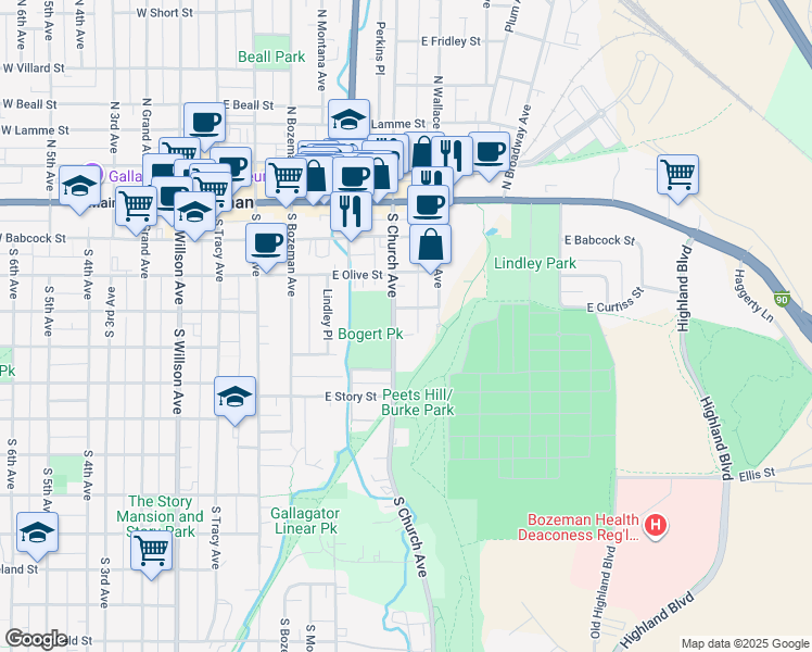 map of restaurants, bars, coffee shops, grocery stores, and more near 501-547 East Curtiss Street in Bozeman
