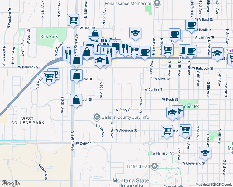 map of restaurants, bars, coffee shops, grocery stores, and more near 220 South 15th Avenue in Bozeman