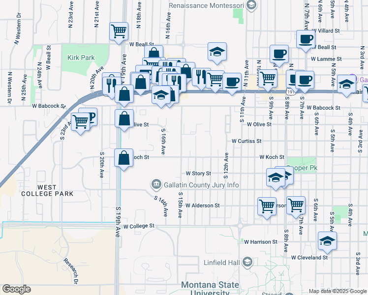 map of restaurants, bars, coffee shops, grocery stores, and more near 220 South 15th Avenue in Bozeman