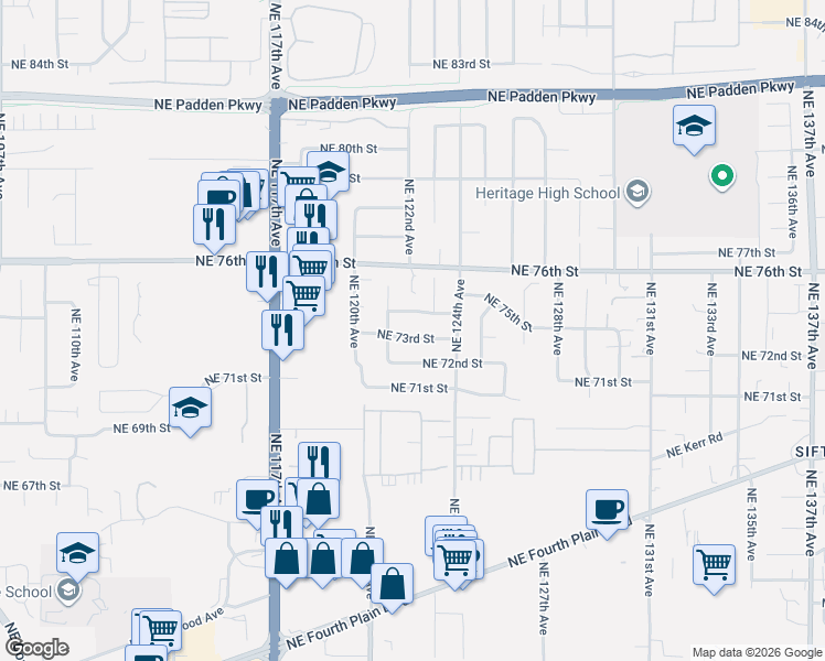 map of restaurants, bars, coffee shops, grocery stores, and more near 12208 Northeast 74th Street in Vancouver