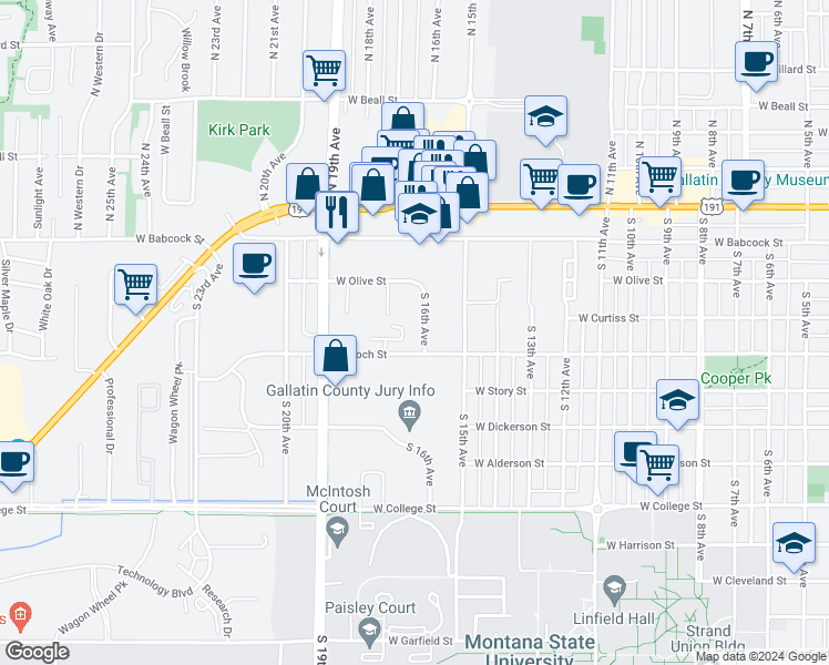 map of restaurants, bars, coffee shops, grocery stores, and more near 317 South 16th Avenue in Bozeman