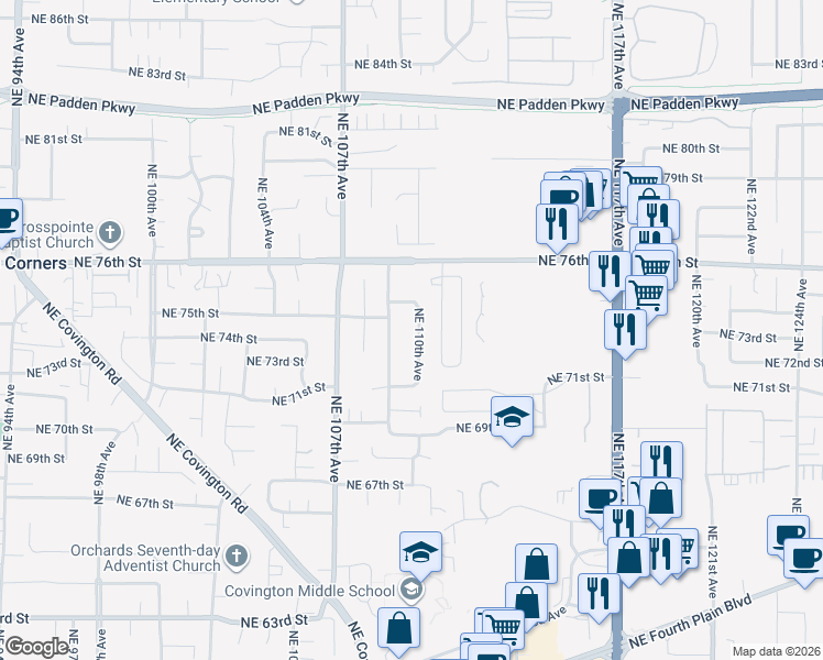 map of restaurants, bars, coffee shops, grocery stores, and more near 7314 Northeast 110th Avenue in Vancouver