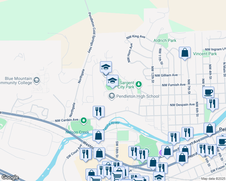 map of restaurants, bars, coffee shops, grocery stores, and more near 1800 Northwest Carden Avenue in Pendleton