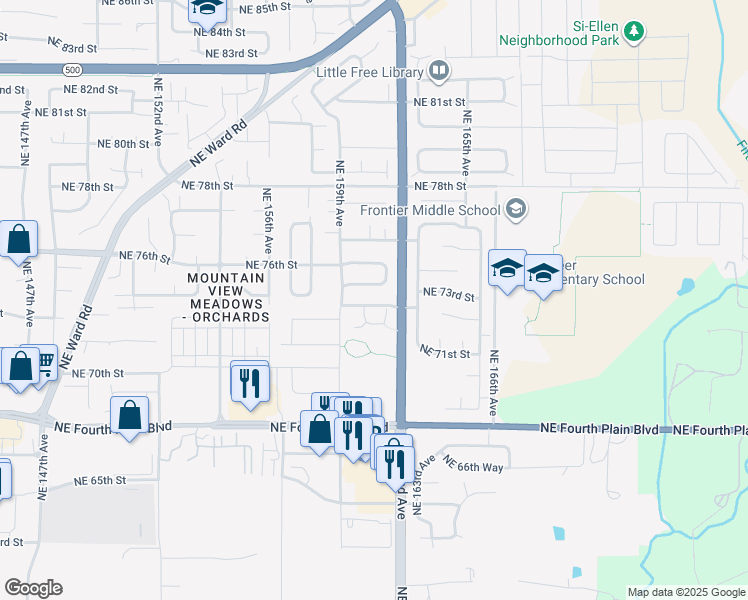 map of restaurants, bars, coffee shops, grocery stores, and more near 16008 Northeast 73rd Street in Vancouver