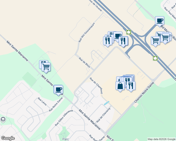 map of restaurants, bars, coffee shops, grocery stores, and more near 17925 Boulevard de Versailles in Mirabel