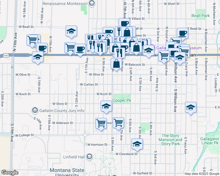 map of restaurants, bars, coffee shops, grocery stores, and more near 221 South 8th Avenue in Bozeman