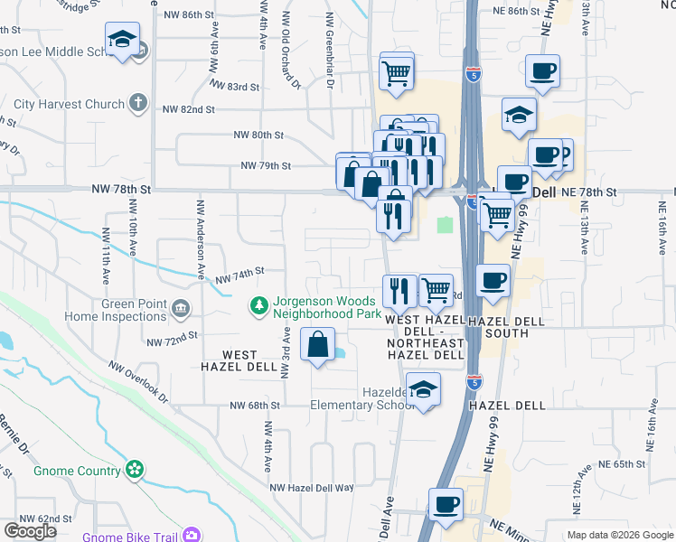 map of restaurants, bars, coffee shops, grocery stores, and more near 7416 Northwest 1st Place in Vancouver