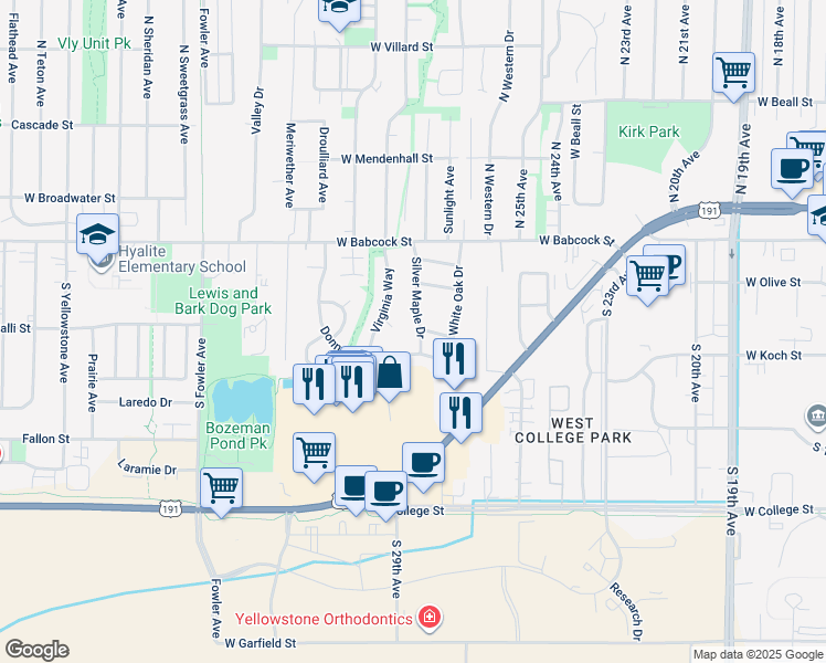 map of restaurants, bars, coffee shops, grocery stores, and more near 303 Silver Maple Drive in Bozeman
