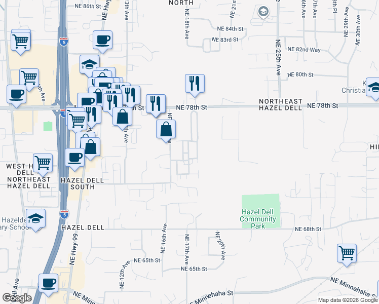 map of restaurants, bars, coffee shops, grocery stores, and more near 1709 Northeast 78th Street in Vancouver