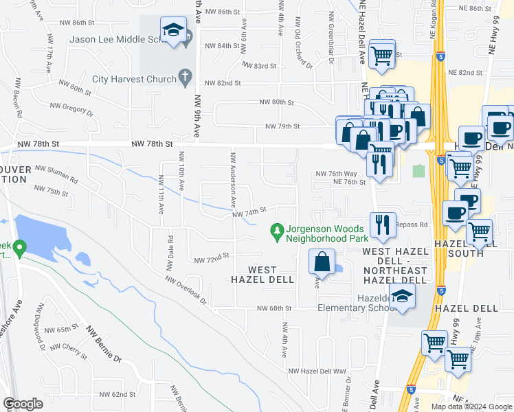 map of restaurants, bars, coffee shops, grocery stores, and more near 510 Northwest 74th Street in Vancouver