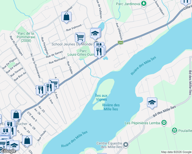 map of restaurants, bars, coffee shops, grocery stores, and more near 375 Rue Bergeron in Terrebonne