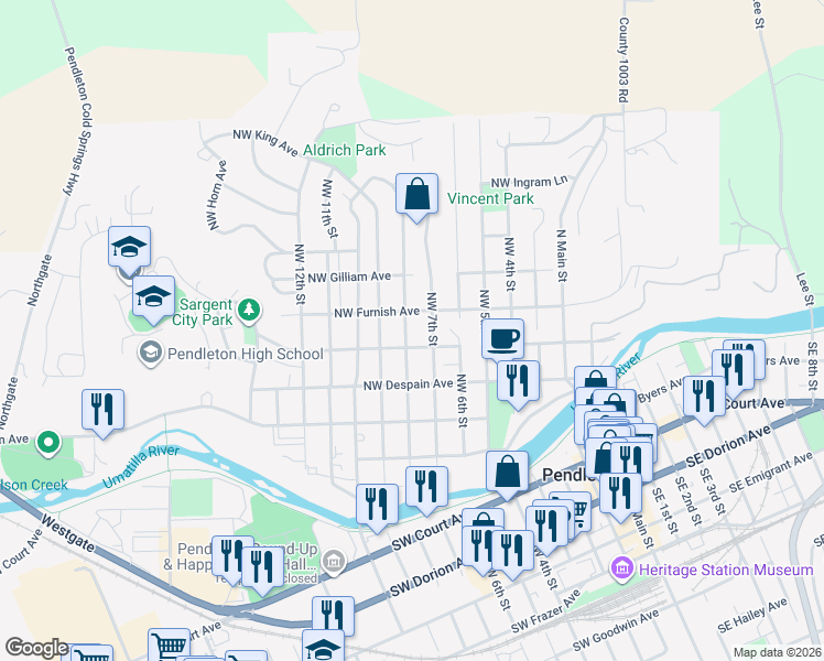map of restaurants, bars, coffee shops, grocery stores, and more near 422 Northwest 8th Street in Pendleton