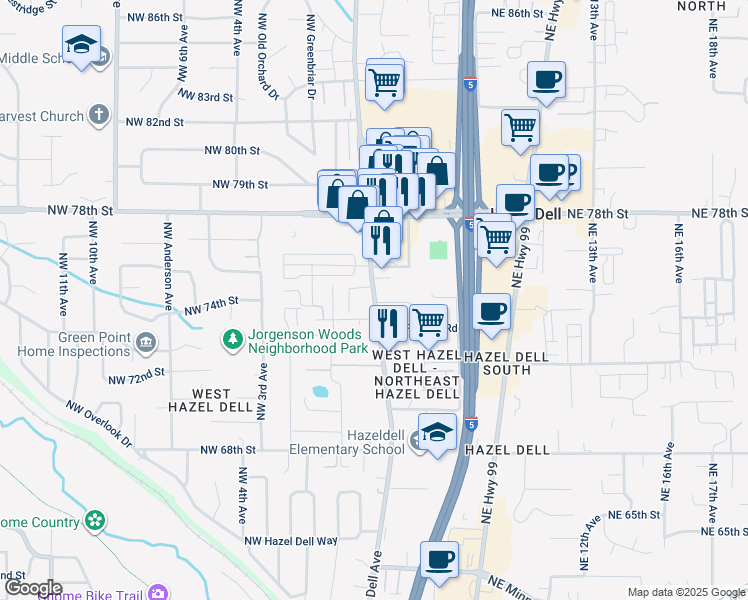 map of restaurants, bars, coffee shops, grocery stores, and more near in Hazel Dell
