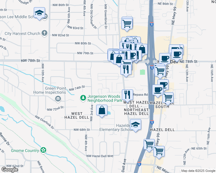 map of restaurants, bars, coffee shops, grocery stores, and more near 7416 Northwest 1st Place in Vancouver