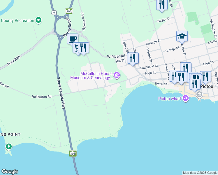 map of restaurants, bars, coffee shops, grocery stores, and more near 1 Strathcona Place in Pictou