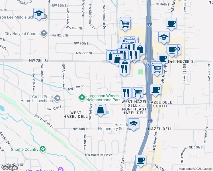 map of restaurants, bars, coffee shops, grocery stores, and more near 7405 Northwest 1st Place in Vancouver