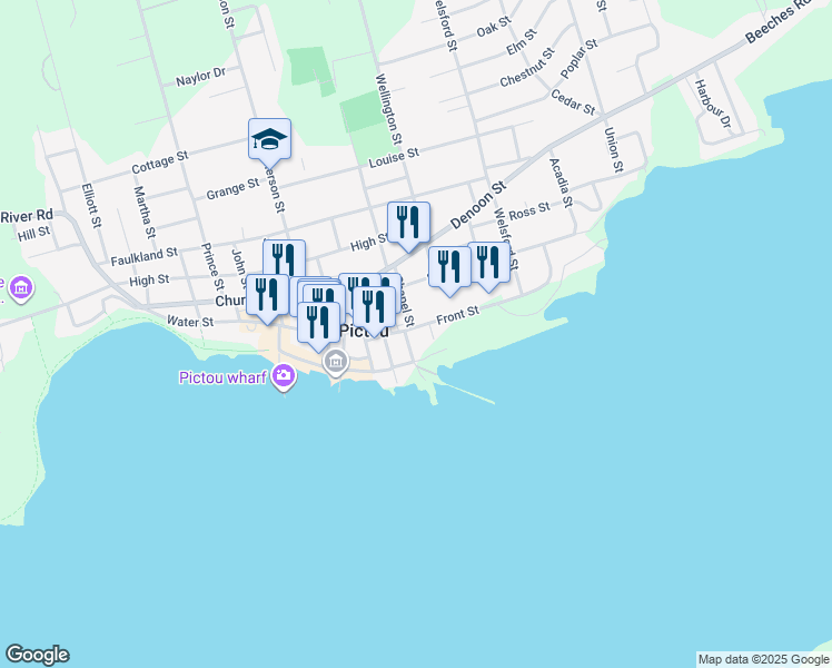 map of restaurants, bars, coffee shops, grocery stores, and more near 49 Front Street in Pictou
