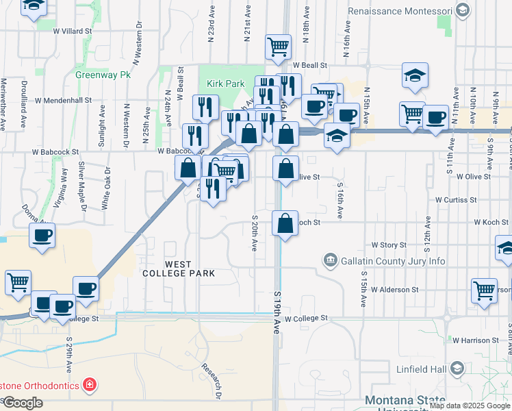 map of restaurants, bars, coffee shops, grocery stores, and more near 306 South 20th Avenue in Bozeman